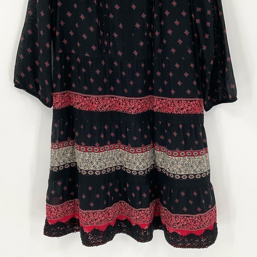 J Jill Pintucked Lace Trim Midi Dress Tiered A-Line Black Red Women Medium Boho - Picture 7 of 11